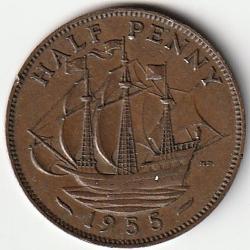 Pi&egrave;ce de Monnaie Angleterre 1/2 penny - Elizabeth II 1re effigie, sans "BRITT:OMN:" 1955