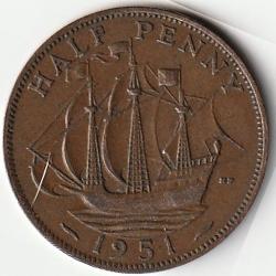 Pi&egrave;ce de Monnaie Angleterre 1/2 penny - George VI sans "IND:IMP." 1951