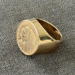 Chevalière neuve en or massif 18 carats - pièce 5 dollars (22 carats) - bague homme - Indien - Sioux