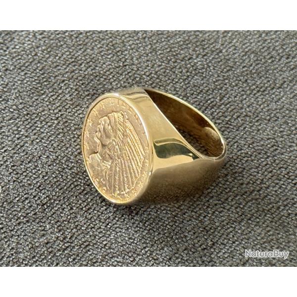 Chevalire neuve en or massif 18 carats - pice 5 dollars (22 carats) - bague homme - Indien - Sioux