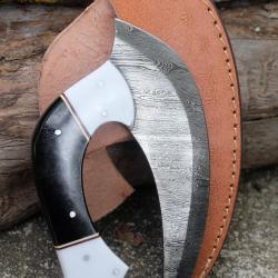 Couteau d'Esquimau Inuit Ulu Lame Acier Damas 256 Couches Manche Résine Etui Cuir Fabric Artisan 01