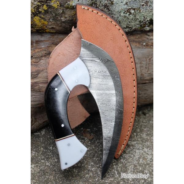 Couteau d'Esquimau Inuit Ulu Lame Acier Damas 256 Couches Manche Rsine Etui Cuir Fabric Artisan 01