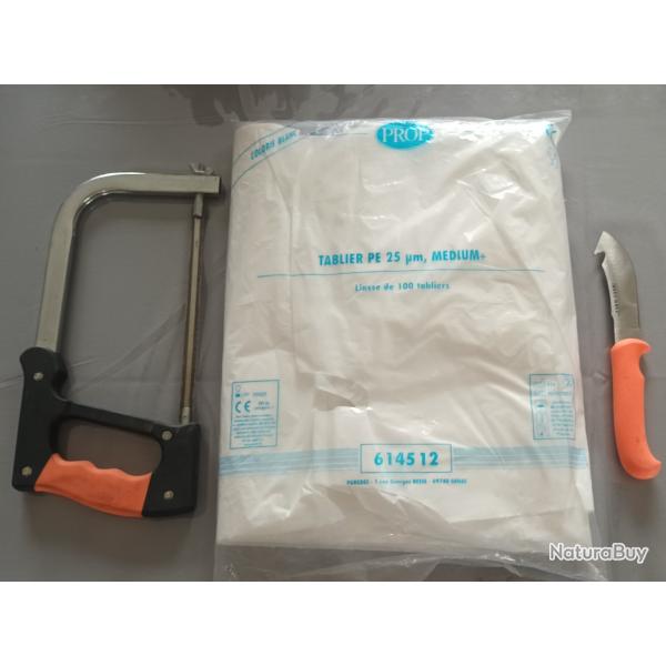 Kit dcoupe gibier - couteau dpeage /   dpouiller - scie - lot 100 tabliers jetables
