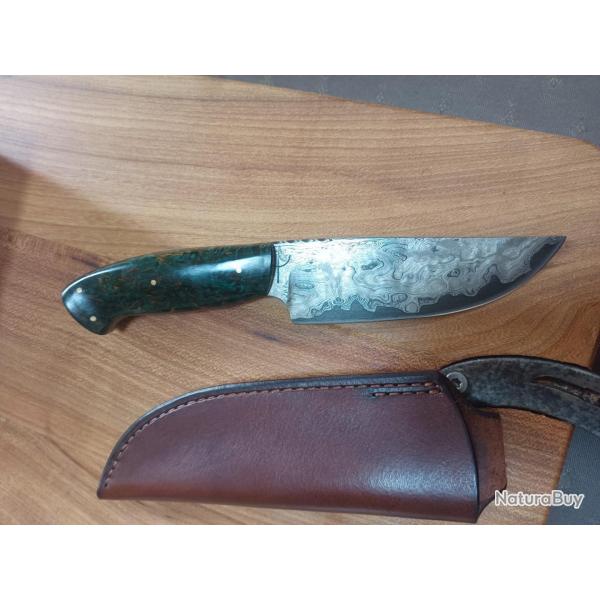 Superbe couteau forg Gilles Rammstein damas  80cmv8 / 15n20 tranchant c130
