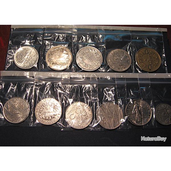 lot de 11 pieces de 5 francs  differentes  (republique franaise + Monaco)