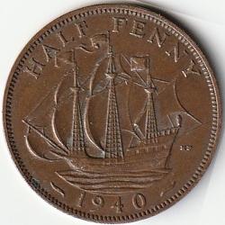 Pièce de Monnaie Angleterre 1/2 penny - George VI Avec "IND:IMP." 1940