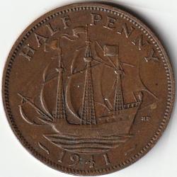 Pièce de Monnaie Angleterre 1/2 penny - George VI Avec "IND:IMP." 1941