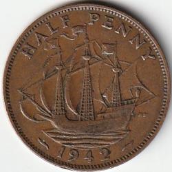 Pièce de Monnaie Angleterre 1/2 penny - George VI Avec "IND:IMP." 1942