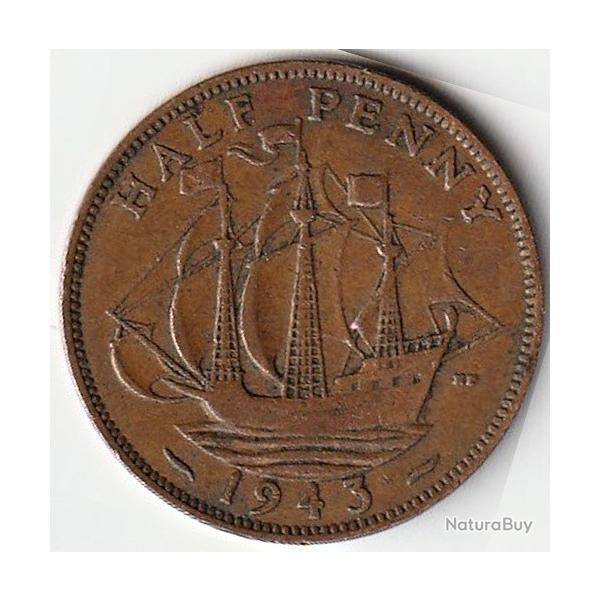 Pice de Monnaie Angleterre 1/2 penny - George VI Avec "IND:IMP." 1943