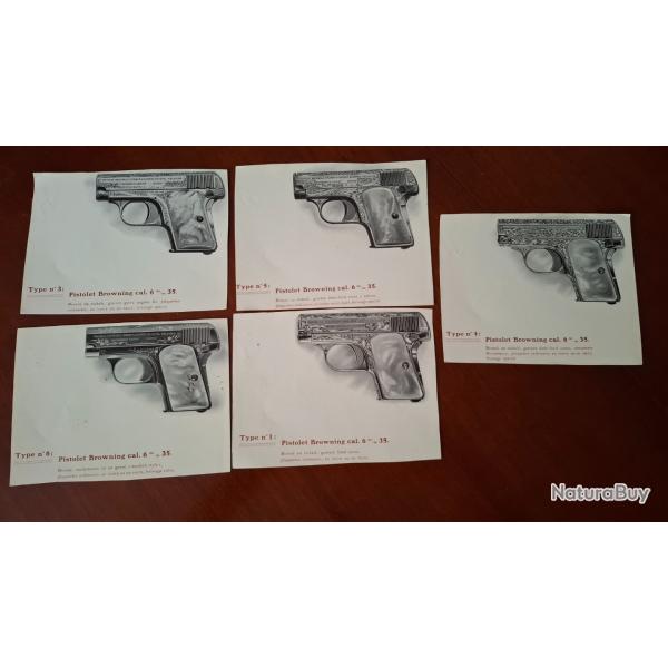 RARE COLLECTOR LOT 5 PLANCHES PISTOLET AUTOMATIQUE BROWNING 1906 LUXE CALIBRE 6.35 25