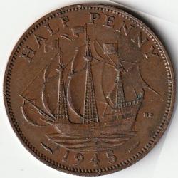 Pièce de Monnaie Angleterre 1/2 penny - George VI Avec "IND:IMP." 1945