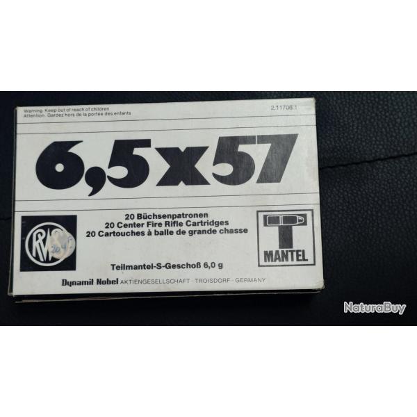 6,5X57 BOITE DE 20 CARTOUCHES RWS T MANTEL SOFT POINT 6G / 93 GRAINS CALIBRE 6.5 X 57 Categorie C Ne