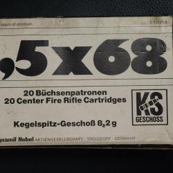 6,5X68 KS BOITE DE 20 CARTOUCHES RWS T MANTEL 8,2g / 127GRAINS CALIBRE 6.5 X 68 Categorie C Neuf  XX