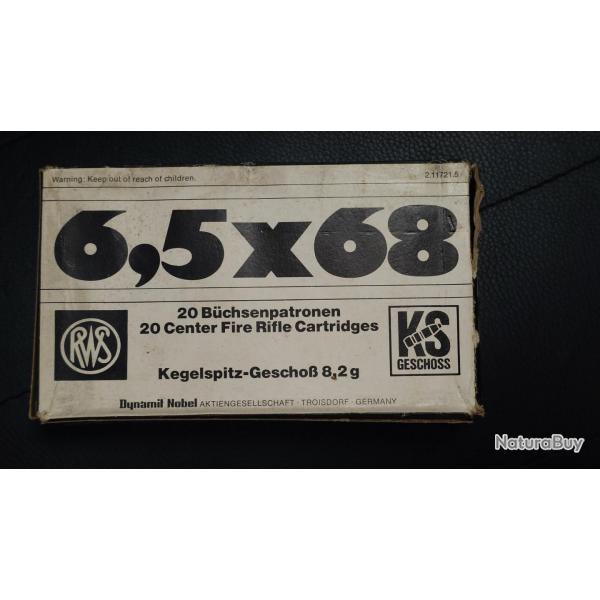 6,5X68 KS BOITE DE 20 CARTOUCHES RWS T MANTEL 8,2g / 127GRAINS CALIBRE 6.5 X 68 Categorie C Neuf  XX