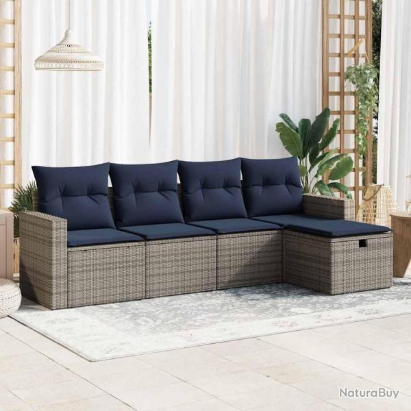 Salon de jardin 5 pcs avec coussins gris rsine tresse