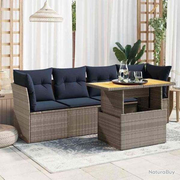 Salon de jardin 5 pcs avec coussins gris rsine tresse