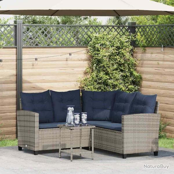 Canap de jardin avec table et coussins en forme de L gris