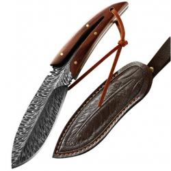 COUTEAU PLUME EN ACIER AU CARBONE AVEC MANCHE BOIS MASSIF RIVETE + FOURREAU CUIR GRAVE D'UNE PLUME