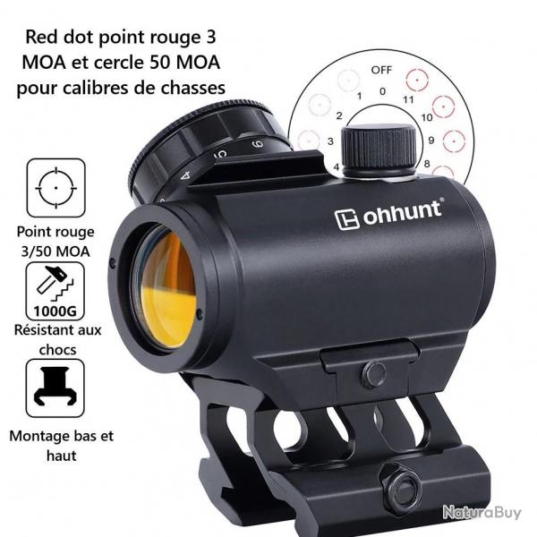 Red Dot 3MOA avec cercle 50MOA avec élévateur tunnel pour rail picatinny pour calibres de chasse (.3