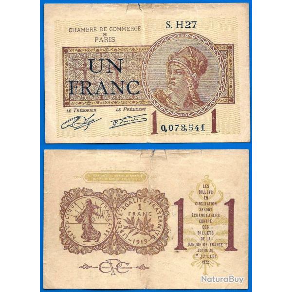 France 1 Franc 1919 a 1922 e la Chambre de Commerce de Paris Billet Francs Frcs Frc Frs