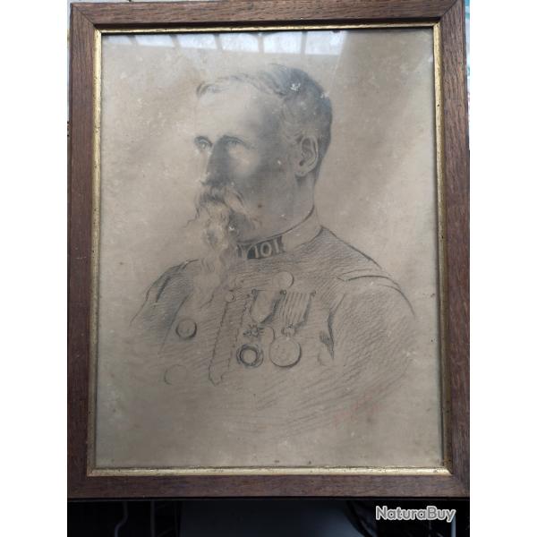 Portrait au crayon d'un officier du 101eme rgiment d'infanterie signe et dat de 1873