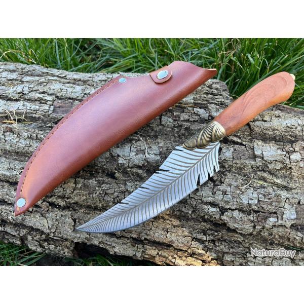 COUTEAU DROIT 26CM LAME PLUME D'OISEAU ETUI CUIR enchre
