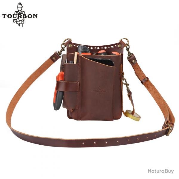 Tourbon-Sac banane en cuir pour poudres de jardinage avec sangle initie marron