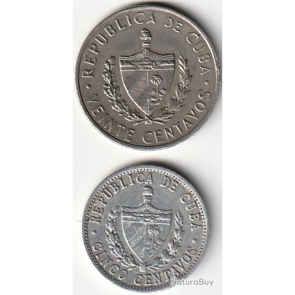 Pice de Monnaie Cuba Lot de 2 Pices -20 centavos Jos Marti 1962 -et 5 centavos 1966