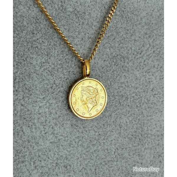 Collier en or massif 18 carats avec pendentif 1 dollar en or 1851