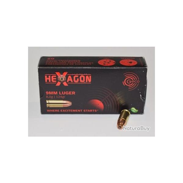 boite 50 cartouches GECO 919 Luger Hexagon 124 Grains