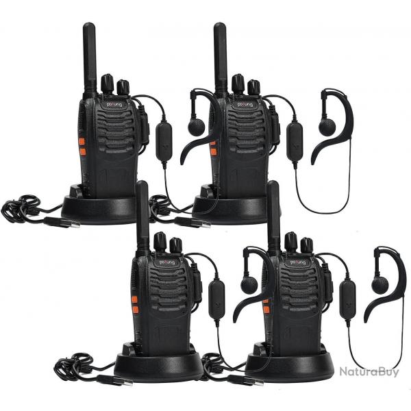 Talkie Walkie 4pcs 16 Canaux PMR446 Sans Licence Lampe de Poche LED Casque Chargeur USB Oreillette
