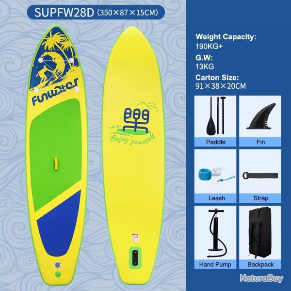 PLANCHE DE PADDLE GONGLAFBLE LONGBOARD 11.6'' AVEC ACCESSOIRES OCEAN BLEUE JAUNE VERT