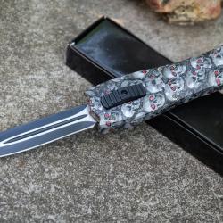 Couteau Automatique OTF Out the Front Lame Spear Point Acier Inox Manche ABS Têtes de Mort Skull !!