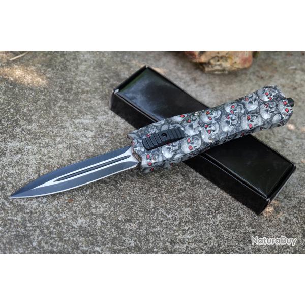 Couteau Automatique OTF Out the Front Lame Spear Point Acier Inox Manche ABS Ttes de Mort Skull !!
