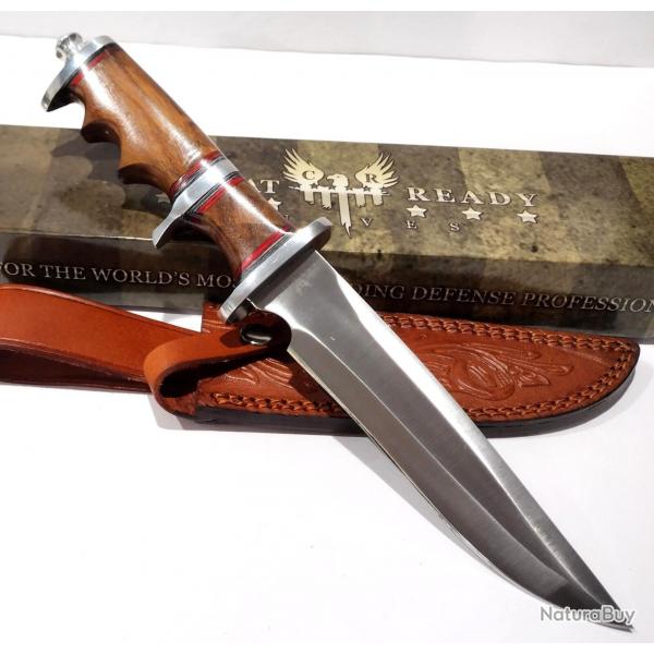 Couteau Tactical Combat Ready Sub Hilt Fighter Lame Acier 440 Manche Bois Etui Cuir