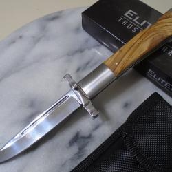 Couteau ElitEdge Dague Pliant Lame Acier 440C Manche Bois Olivier Lockback Etui Nylon