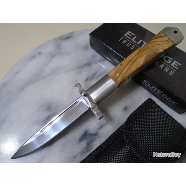 Couteau ElitEdge Dague Pliant Lame Acier 440C Manche Bois Olivier Lockback Etui Nylon