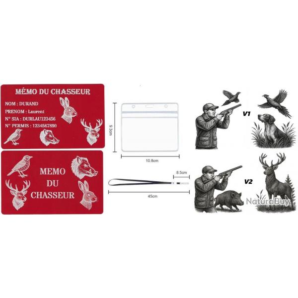 Promo ! Mmo Chasseur rouge en aluminium grav au laser (Recto / Verso) + Porte badge tour de cou