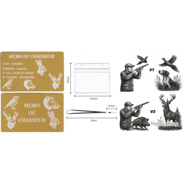 Promo ! Mmo Chasseur dor en aluminium grav au laser (Recto / Verso) + Porte badge tour de cou