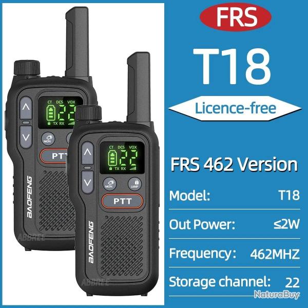 2PCS Baofeng BF-T18 Mini Dual PTT Walkie Talkie Portable PMR FRS License-Free Flashlight NOAA Long R