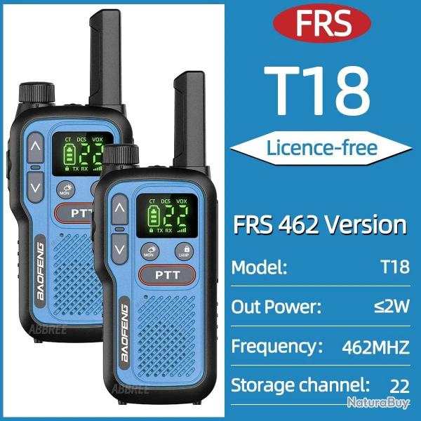 2PCS Baofeng BF-T18 Mini Dual PTT Walkie Talkie Portable PMR FRS License-Free Flashlight NOAA Long R