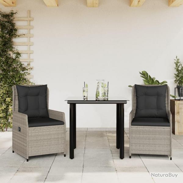 Ensemble  manger de jardin 3pcs coussins gris clair poly rotin
