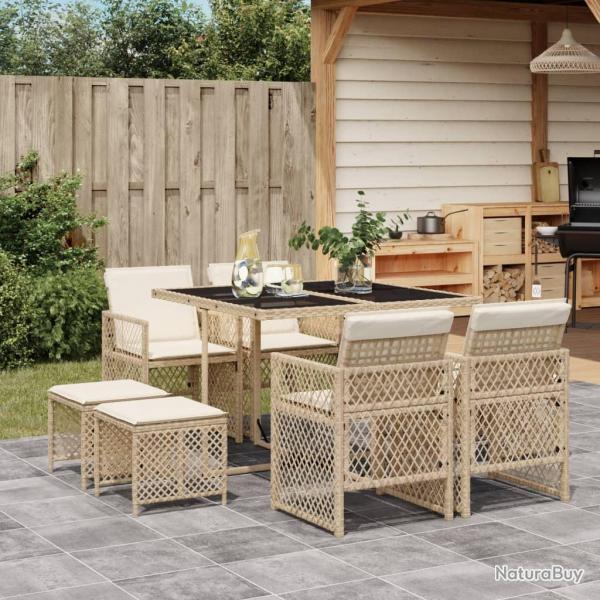 Ensemble  manger de jardin et coussins 9 pcs beige Poly rotin