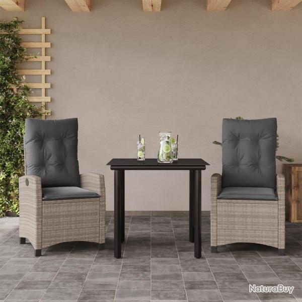 Ensemble  manger de jardin 3pcs coussins gris clair poly rotin