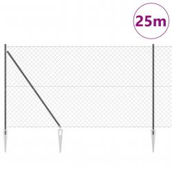 Clôture en maillon avec 13 poteaux en pointe 1,6x25 m en acier galvanisé