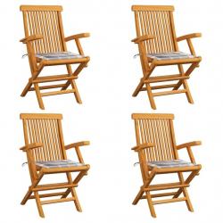 Chaises de jardin coussins à carreaux gris lot de 4 Teck massif