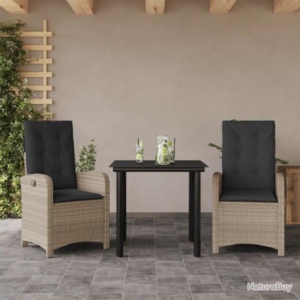 Ensemble  manger de jardin 3pcs coussins gris clair poly rotin