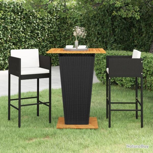 Ensemble de bar de jardin 3 pcs et coussins Rsine tresse Noir