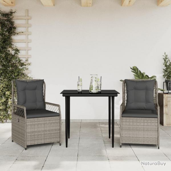 Ensemble  manger de jardin 3pcs coussins gris clair poly rotin