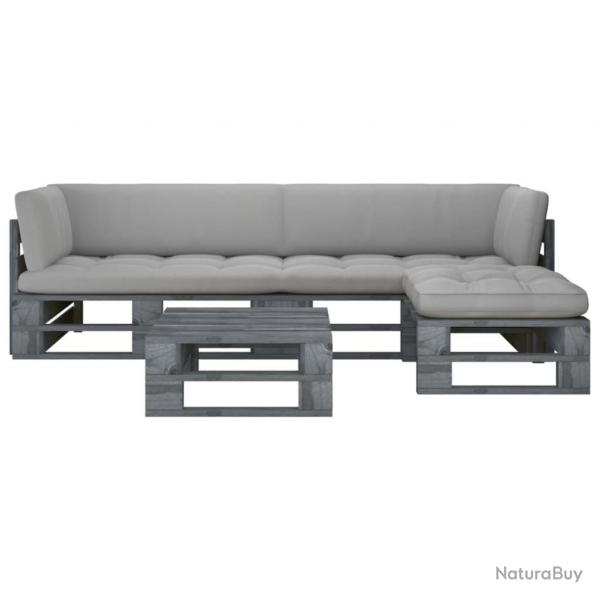 Salon de jardin palette 4pcs avec coussins Pin imprgn de gris
